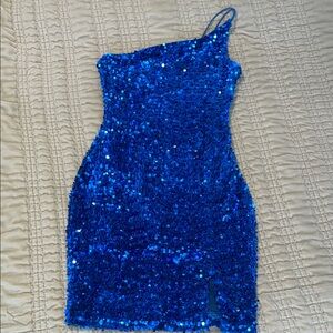 One Shoulder Sapphire Blue Sequin One Shoulder Cocktail Party NYE Mini Dress XS